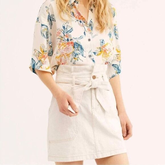 Free People Off White Denim High Waist Paperbag Skirt - Picture 2 of 14